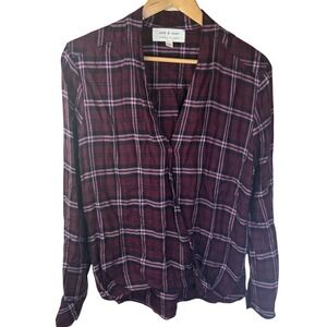 Anthropologie Cloth & Stone‎ Women Plaid Popover Surplice Hi-Low Blouse Medium